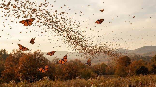 Monarch butterflies migrating in a massive swarm over an autumn forest. Thousands of orange butterflies flying in golden sunset light