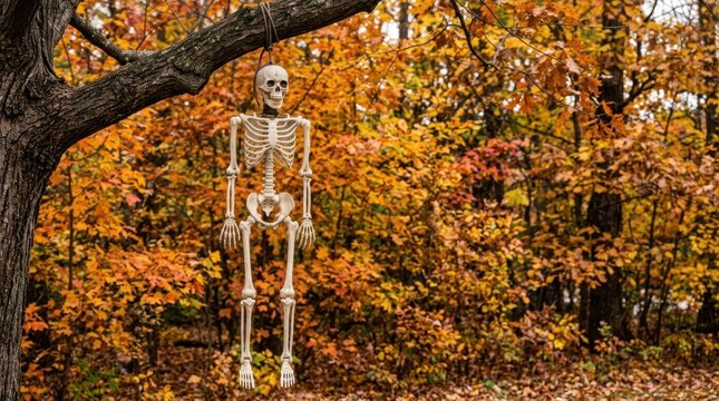 Hanging skeleton decoration on a tree branch in autumn forest. Creepy Halloween skeleton hanging by a rope. Spooky seasonal display with colorful fall foliage
