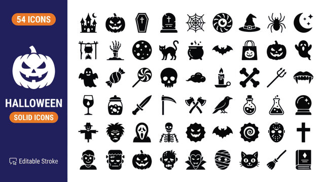 Black Halloween vector icon collection, fifty four solid spooky shapes featuring pumpkins ghosts skulls and festive holiday symbols for graphic design
