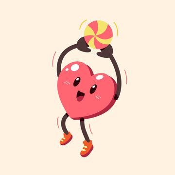 Cute heart character volleyball set cartoon vector illustration