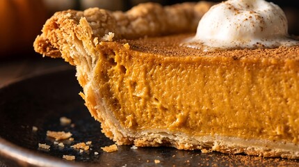 Fototapeta premium Delicious slice of homemade pumpkin pie with whipped cream