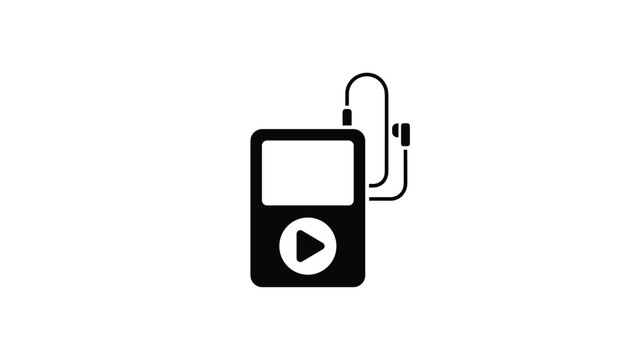 Black minimalist silhouette icon of a portable music player or iPod with connected in-ear earphones on a white background.