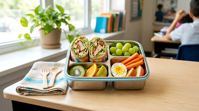 Healthy school lunchbox with chicken wraps, fresh fruit, and vegetables, a nutritious meal for kids. Balanced bento box for children's school day, promoting healthy eating habits.