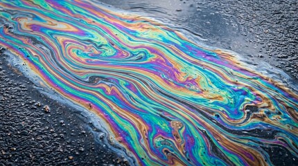 Fototapeta premium Rainbow Oil Slick on Wet Asphalt - Colorful Abstract Water Surface