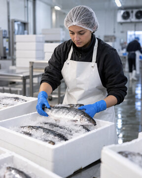 Seafood processing worker arranging fresh fish on crushed ice in insulated boxes for refrigerated distribution through the cold food supply chain.