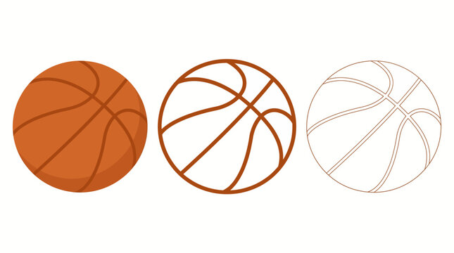Basketball ball 3 styles solid outline line art stroke vector illustration set