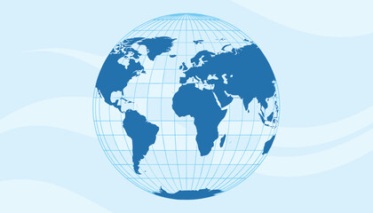 Fototapeta premium Minimalist planet earth globe map showing continents in dark blue on a grid sphere over a light blue wavy backdrop.