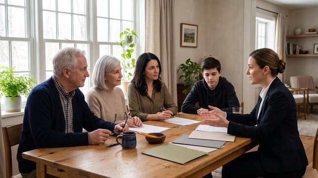 Three generations meet an advisor for estate planning guidance