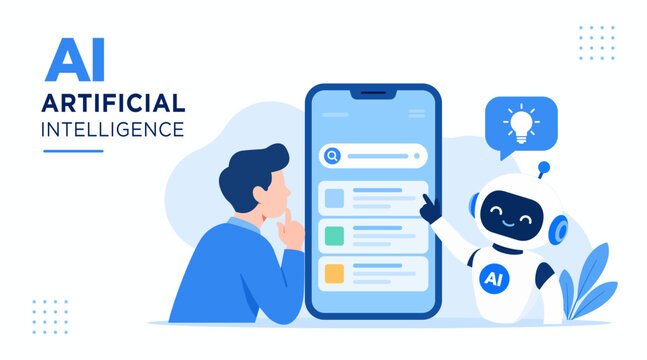 Businessman searching for work ideas on a smartphone with AI assistance, AI robot, light bulb icon, search interface, and digital technology concept in flat design. Vector illustration