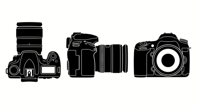 DSLR camera 3 views top side front solid black silhouette photography vector illustration set
