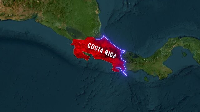 Costa Rica country border map animation with waving national flag footage