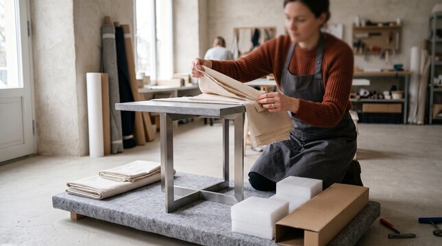 Installer unwraps a side table before fair presentation