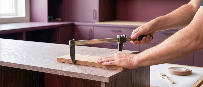 Craftsman pressing wooden caul block onto clamped oak veneer panel on workbench in carpentry workshop. Woodworker restoring furniture using bar clamp tool and woodworking equipment in studio banner