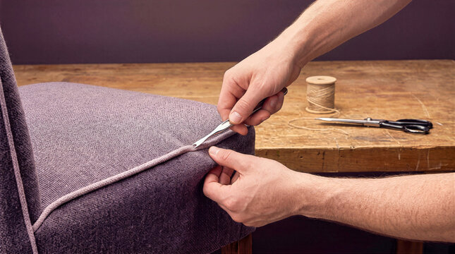 Craftsman using a precision seam ripper tool to remove fabric piping trim from a mauve upholstered chair seat in a workshop. Antique furniture restoration and reupholstery repair process
