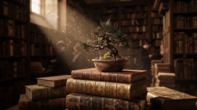 Tiny bonsai on a stack of ancient books in a dim library, dust particles in light beams, scholarly atmosphere, warm tones, macro focus, photorealistic