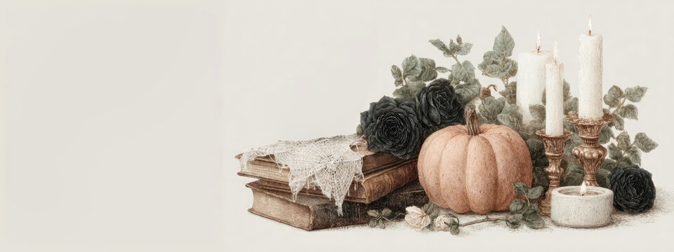 Banner Old books in spider web, black roses, pumpkin, wax candles in golden candelabra on light background with free space. Vintage style with academic aesthetics, painted in oil, Halloween atmosphere