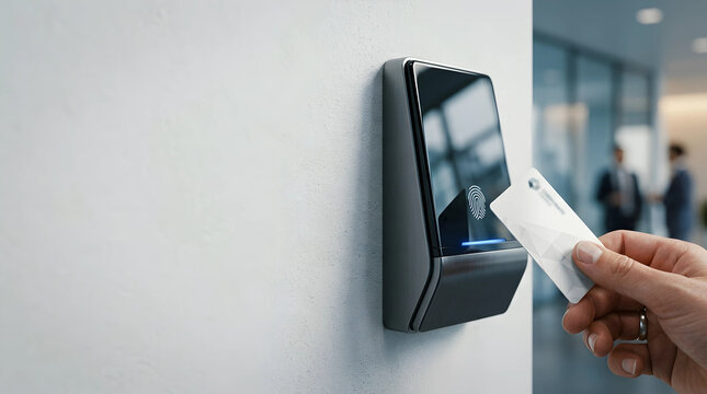 Modern electronic access control with biometric fingerprint sensor and smart card reader in corporate office for secure entry.