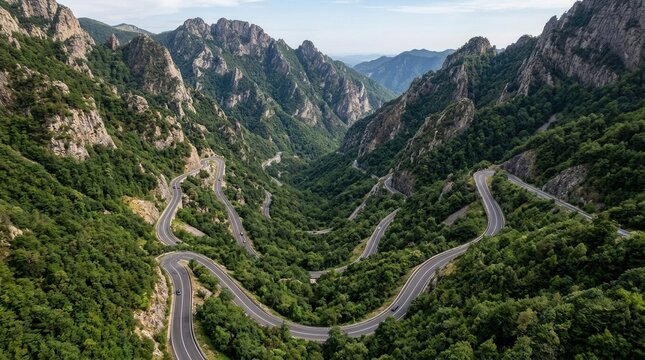 Dramatic aerial view of a winding mountain road carving through a lush green valley and rugged peaks.