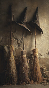 Old Halloween brooms standing upright against a weathered stone wall with witch hats. Vintage, rustic, gothic