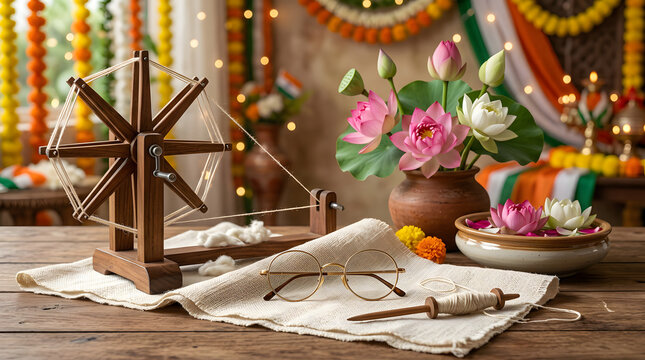 Wooden charkha spinning wheel with lotus and Indian flag.