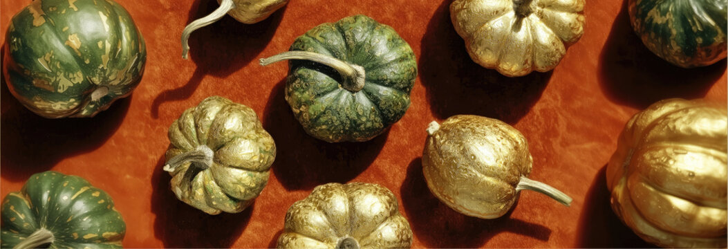Banner top view of small gold and green pumpkins on a textured orange background, blurred, soft focus. Pumpkins in metallic foil
