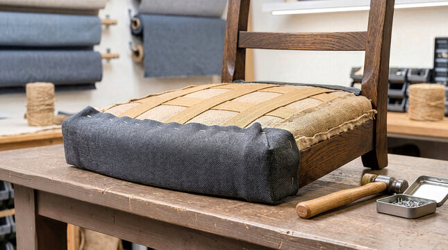 Stretched charcoal grey fabric on upholstered wooden chair seat with jute webbing in workshop. Antique furniture restoration with tack hammer and nails on workbench during upholstering process