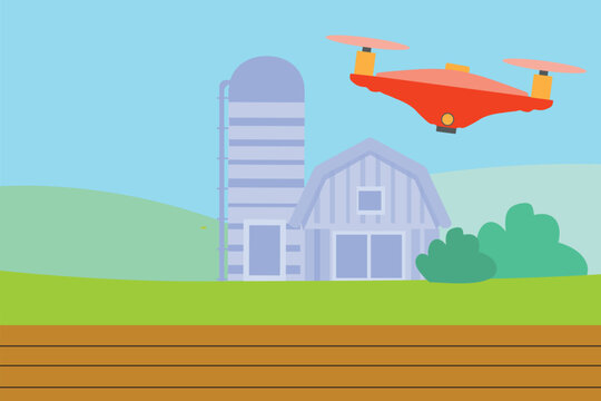 Flat Vector Smart Farm Scene with Drone Monitoring Agricultural Field.

