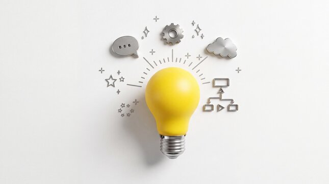 Yellow light bulb surrounded by metallic 3D business and creative icons like gear cloud speech bubble and flowchart representing innovation leadership inspiration and smart ideas on white