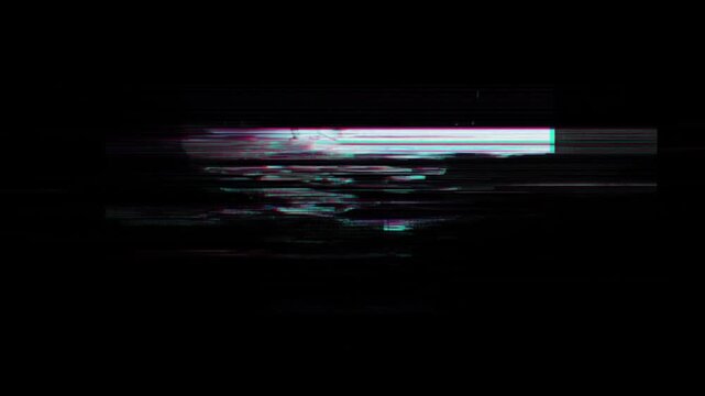 Abstract digital glitch art animation featuring a corrupted video signal with heavy static noise. Distressed retro VHS tracking error on a dark screen