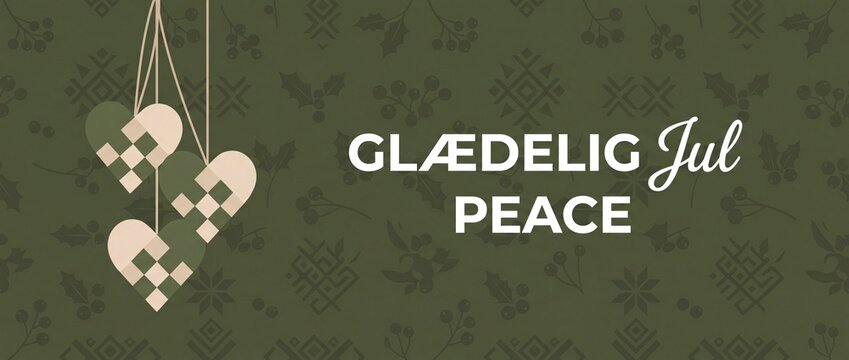 Danish Christmas Banner Woven Hearts Glaedelig Jul Peace Background, Scandinavian Nordic Holiday Greeting Header, Minimalist Green Paper Craft Heart Ornaments Folk Graphic Template Design Decorative