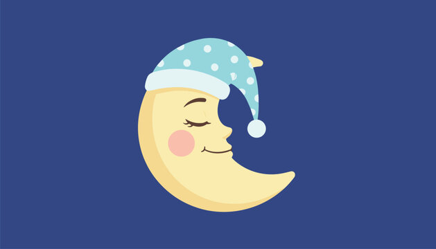Smiling crescent moon character sleeping peacefully in a blue polka dotted nightcap against a deep blue background.