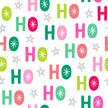 Colorful hand drawn letters with star seamless pattern design for Christmas and new year background. Santa claus laughs "HO HO HO".