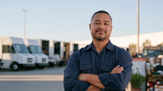 Package delivery fleet manager stands in a busy urban distribution hub for a wide establishing shot showing dozens of vehicles being loaded at dawn, a culinary instructor