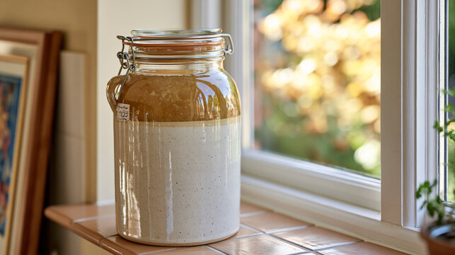 A sealed ceramic crock of fermenting honey mead sitting on a modest kitchen windowsill, handwritten ingredient label visible, a corporate escape story told entirely through a