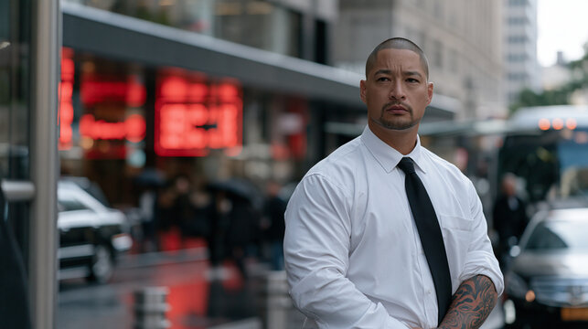 The aftermath moment shows a bodyguard standing alert on a busy urban pavement, his subject just out of frame, a forearm visible bearing a bold cultural tattoo, neon signage