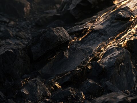 Close up of dark rough rocks with golden light highlighting textures