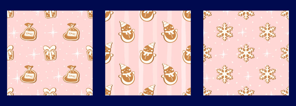 Snowflake pink christmas background with gingham and snowman line. New year checkered texture and pattern in patchwork. Decor for food vector and biscuit cute hohoho collection.