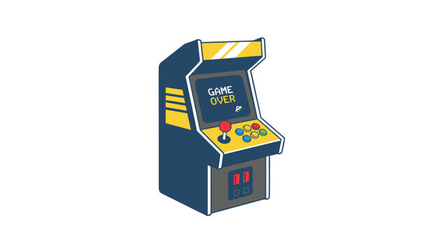 Retro arcade game machine with Game Over text on screen and colorful buttons, representing eighties retro gaming.
