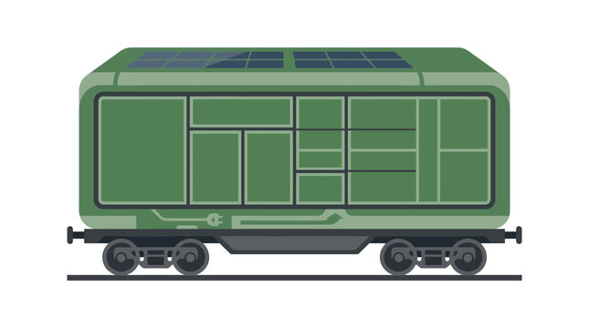 Flat vector illustration of a green railway freight cargo wagon for logistics and transportation on tracks