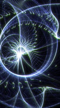 Abstract circular geometric pattern made of bright neon light rays. Futuristic quantum mechanics or string theory visualization with elegant moving arcs.