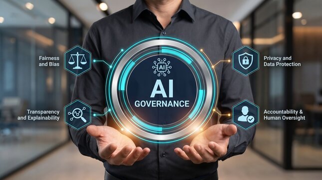 Executive leadership managing artificial intelligence governance strategy featuring human oversight and transparent corporate compliance hologram
