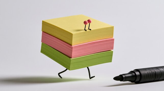 Stack of colorful sticky notes with tiny legs running away from black marker on white background