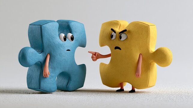 Two puzzle pieces one blue one yellow standing face-to-face looking angrily with one pointing tiny finger