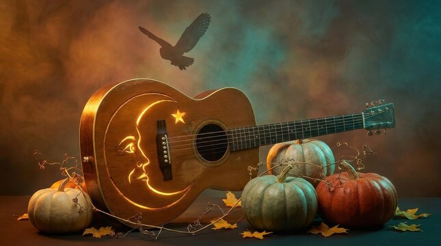 Vintage acoustic guitar with carved moon and star patterns, rustic autumn pumpkins and mystical evening atmosphere for seasonal music and Halloween designs