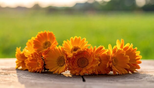Fresh orange calendula blossoms lined up on wooden plank.