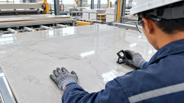 Quality control inspector examining polished marble tile on factory conveyor