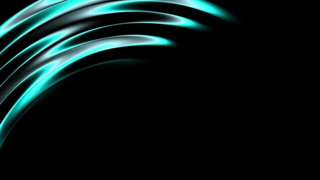 Glowing turquoise metallic wave motion background. Abstract teal chrome arch loop. Dynamic satin fabric curved border effect.