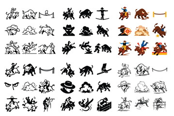 Obraz premium Rodeo and bull riding concept icons with cowboy, bull, and dust cloud for marketing design in bold outline style