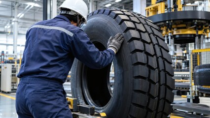 Fototapeta premium Factory technician examining a large truck tire at a manufacturing plant