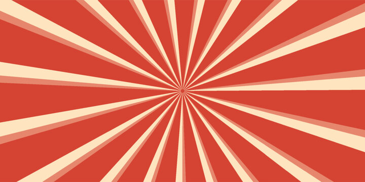 Latar belakang merah retro dengan sunburst sirkus vintage. Poster pusaran warna-warni psikedelik, pola abstrak dalam gaya karnaval tahun 70-an. Ilustrasi vektor sunburst hipnotis.